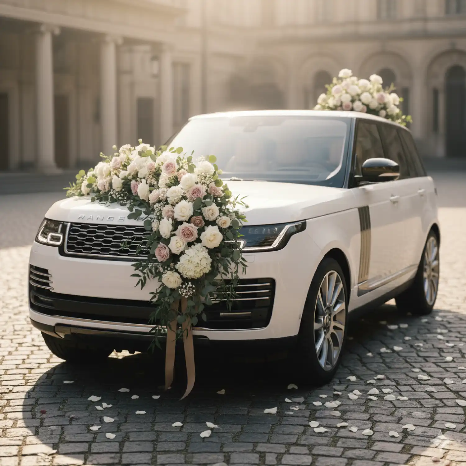 Wedding car decorated with elegant white floral arrangements